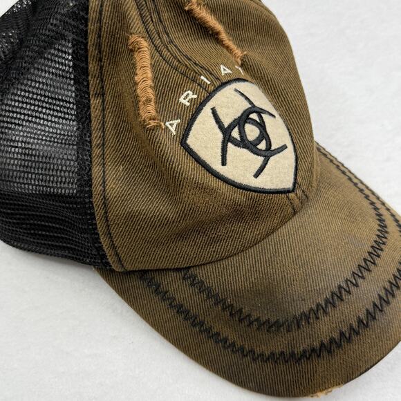 Ariat Hat Cap Strap Back Brown Black Mesh Trucker Distressed Patch Mens One Size - Picture 3 of 7